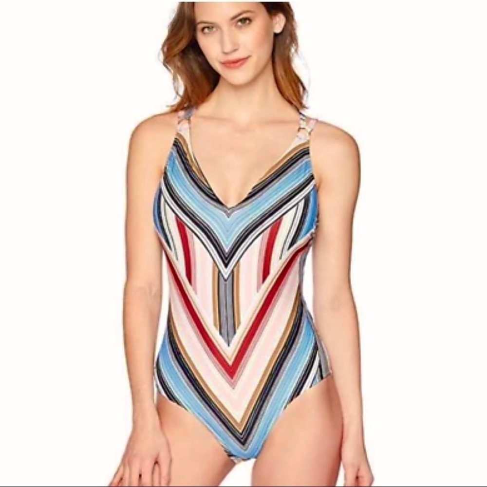 Coastal Blue One Piece Striped Swimsuit Size Med